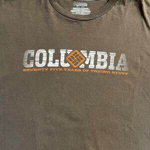 Columbia "Seventy Five Years of Trying Stuff Brown Orange Short Sleeve TShirt XL